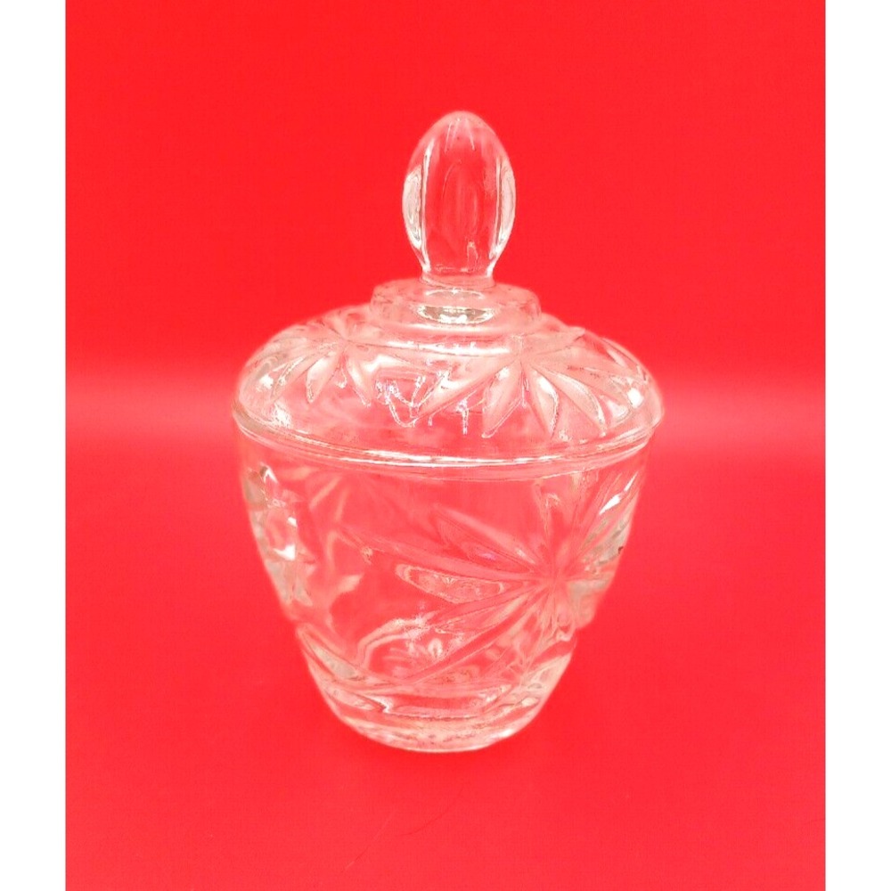 Vintage Clear Pressed Glass Lidded Sugar Bowl Starburst Pattern